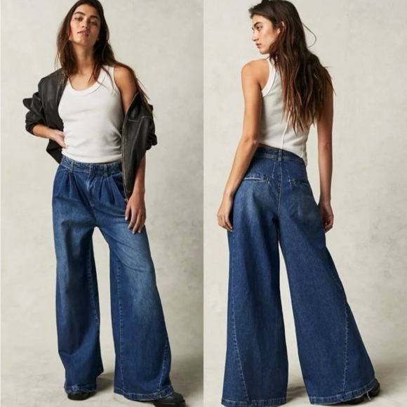 Free People Equinox Denim Trousers Lake Life Blue 29 Wide Leg Jeans Slouchy - Picture 4 of 16